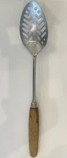Vintage 1970's A&J / EKCO USA Chrome Plated Slotted Spoon - Wood Handle - VGUC