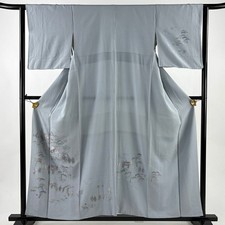 JAPANESE KIMONO TSUKESAGE BLUE-GRAY 158cm 5 ft 2 in PURE SILK FF12147