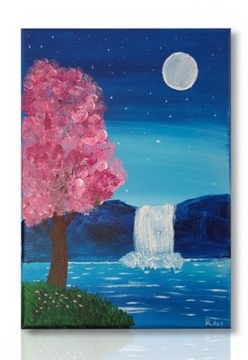 Serenity by the Falls - Original handbemalte rosa Blüten- & Mondscheinszene