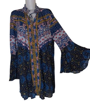 Umgee Sz XL Women's Blue Floral Patchwork Boho Gypsy Cottagecore Babydoll Dress