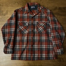 Vtg 80s Pendleton Red Gray Plaid Wool Loop Collar Board Shirt L read desc