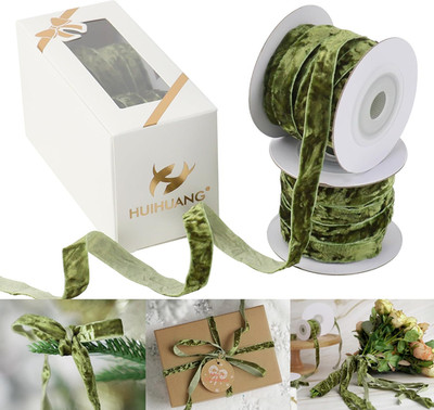 Velvet Ribbon 3/8'' Moss Green Crushed Velvet Ribbon for Christmas Tree Ornaments