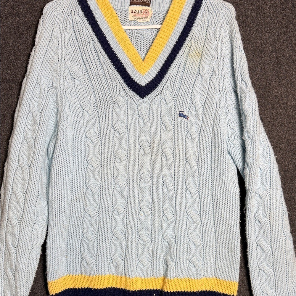 1970s Izod Lacoste Pastel Blue  V-Neck Sweater with Yellow and Navy Trim Large thumbnail 4