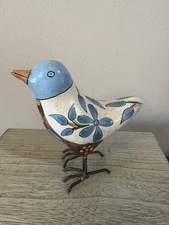 Tonala Pottery Mexican Folk Art Hand Painted Bird Figurine Vtg Wire Feet Blue
