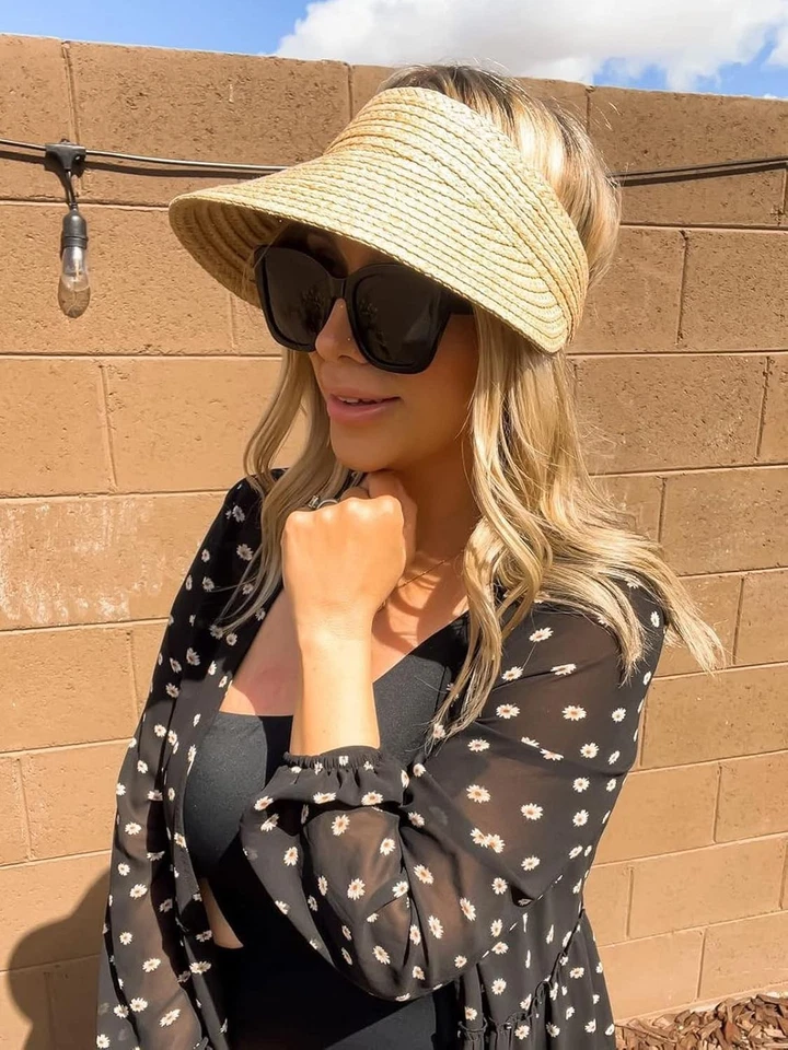 FURTALK Sun Visor Hats for Women Wide Brim Straw Visors One Size, Khaki  - Image 3 of 4