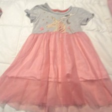 Girls 6X Pink Gray Unicorn Graphic Tulle Tutu Knee Dress Cap Sleeve Party