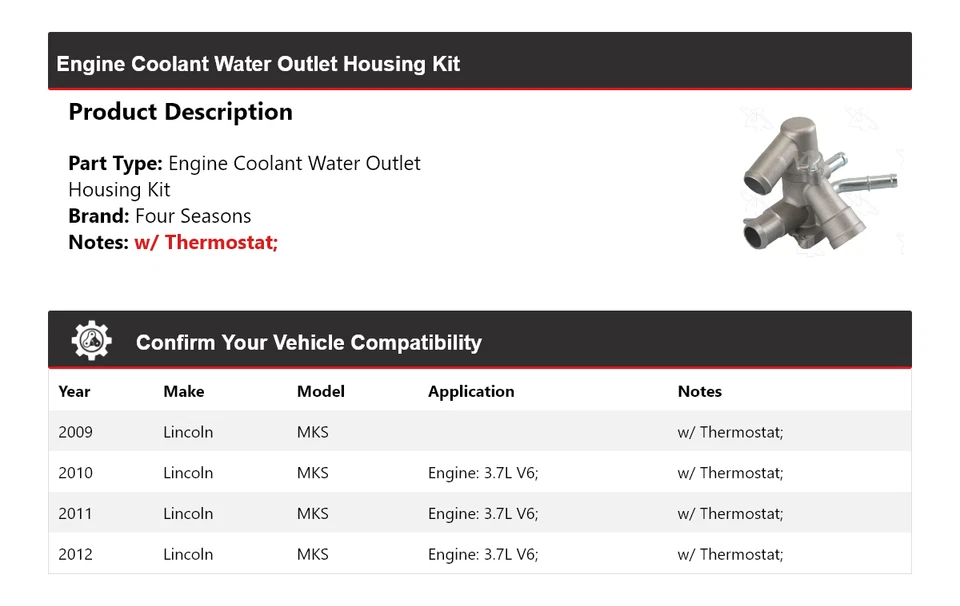 For 2009-2012 Lincoln MKS Engine Coolant Water Outlet Housing Kit 4 Seasons 2010 - Image 2 of 4