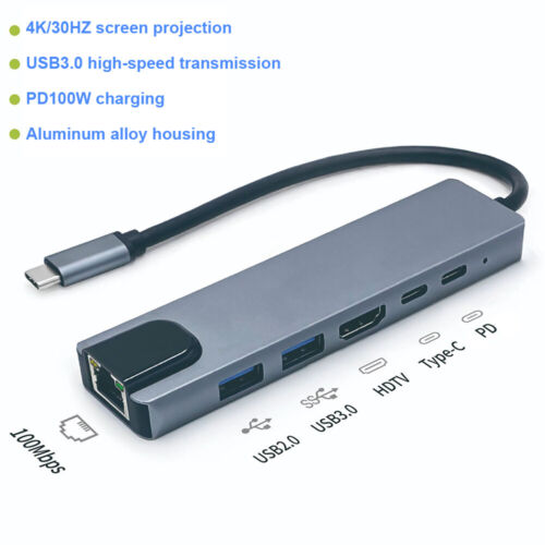 6 in 1 Multiport Type C To USB-C 4K HDMI Adapter USB 3.0 Cable Hub For Macbook - Picture 2 of 13