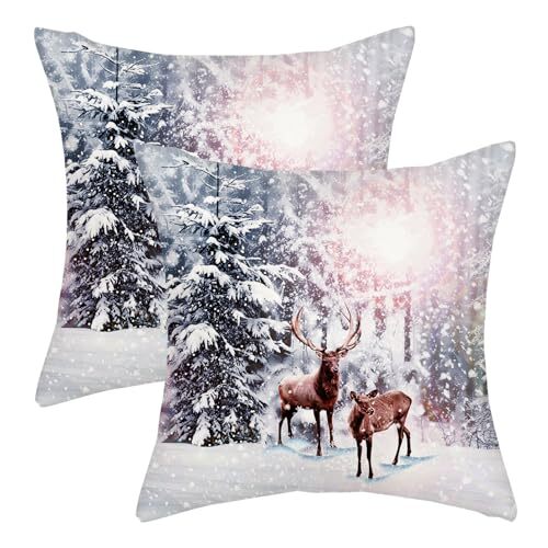 16x16 Winter Pillow Covers with White Snowflake and Deer Wildlife Decor for Cozy Throw Pillows-image