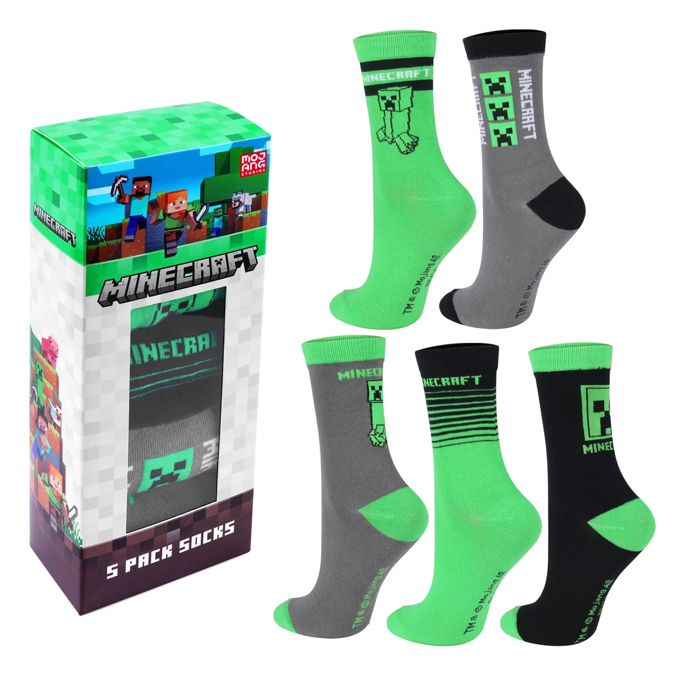Minecraft Creeper Socken Strümpfe 5er Paar in Minecraft Geschenkverpackung