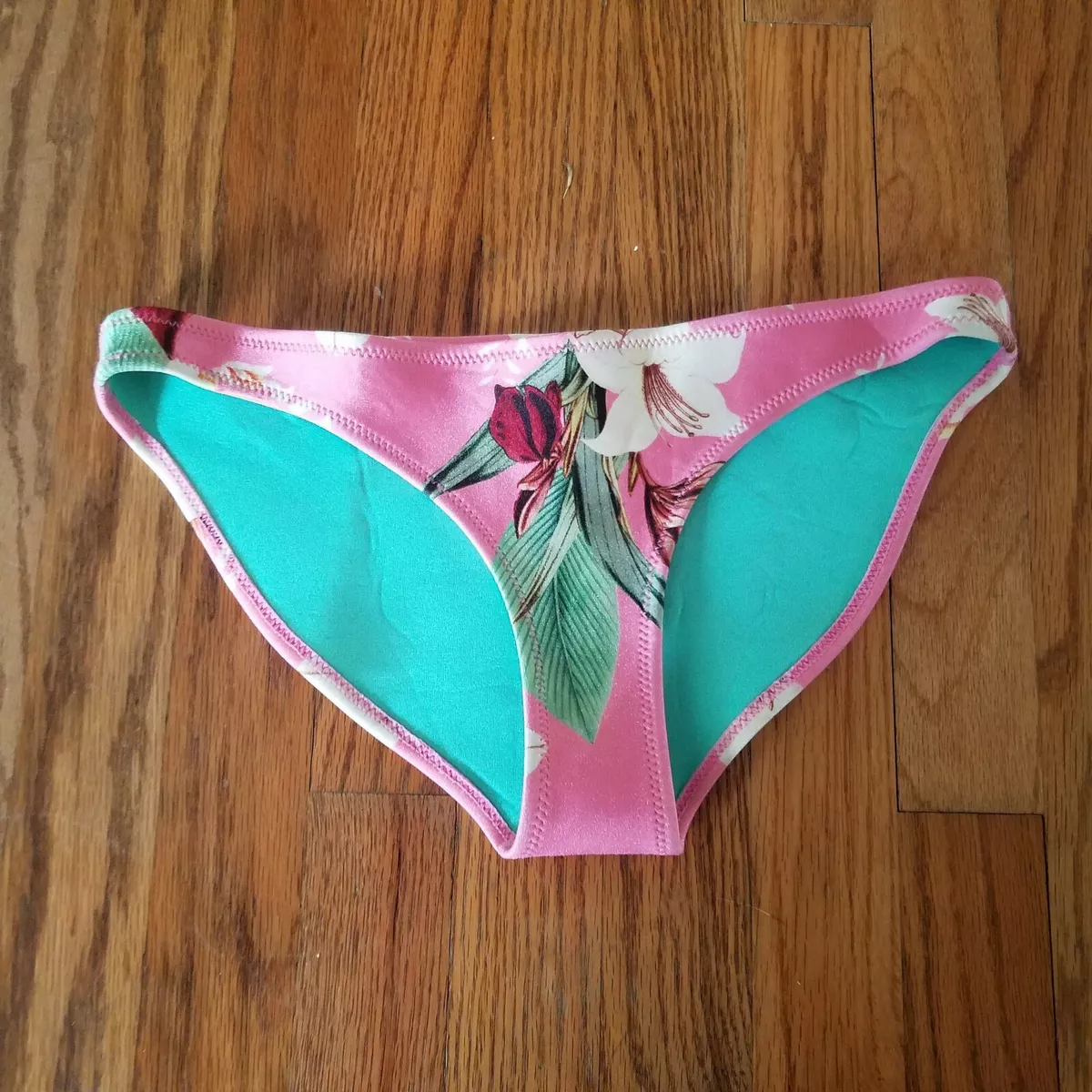 Womens TRIANGL Brand Neoprene Bikini Bottom Medium, Teal Pink Floral