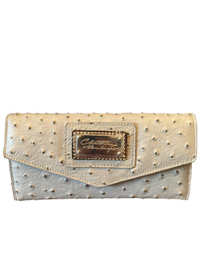 Christian Audigier Janice Trifold Oyster Grey Ostrich Faux Leather Wallet Clutch