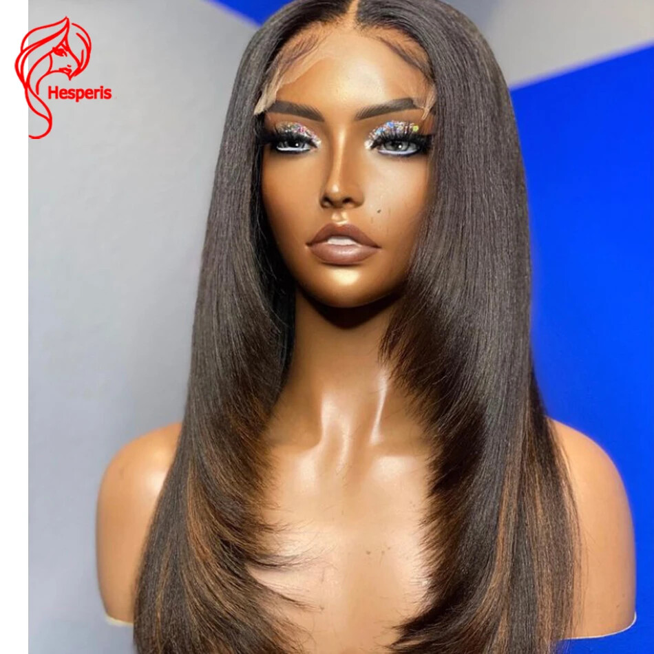 Light Yaki Straight Highlight 13x6 Lace Front Human Hair Wigs Layered Cut  Women