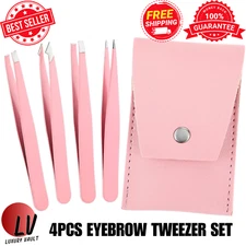 Tweezers Set 4-Piece Professional Stainless Eyebrow Hair Pluckers Eyelash +Case