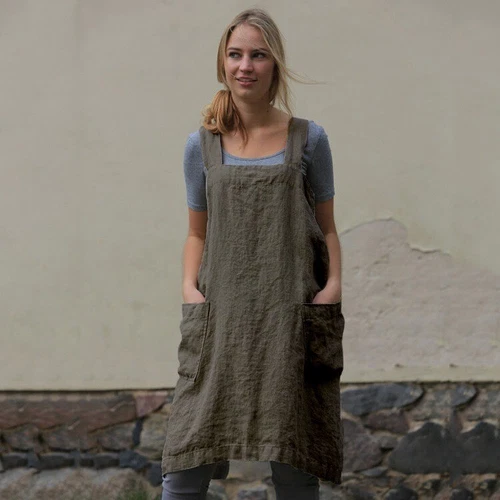 Lässiges lockeres Damenkleid Baumwolle Leinen Hausarbeit Wickeloptik gekreuzter Rückenschürze - Bild 20 von 26