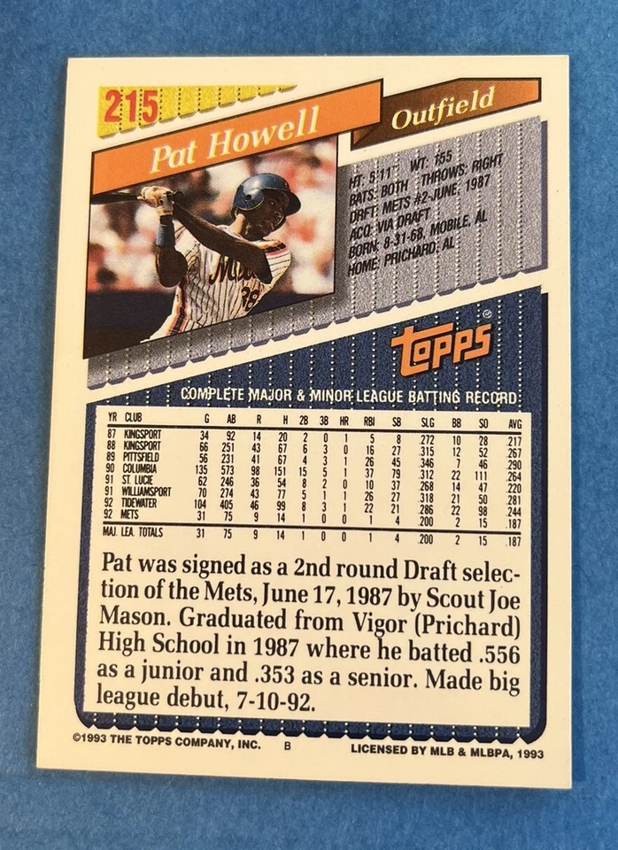1993 Topps GOLD  Baseball Card #215 Pat Howell New York Mets  MLB - Image 2 of 2