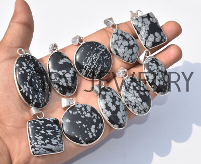 1000pcs Snow Flake Obsidian Gemstone Bezel Pendants Lot 925 Silver
