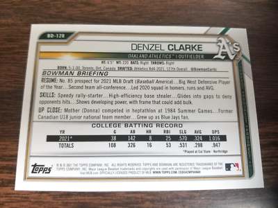 DENZEL CLARKE 2021 1st BOWMAN DRAFT CARD #BD-128 OAKLAND A