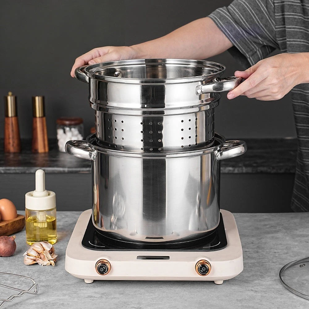 3pcs Pasta Cooker Set 5L Stockpot w/ Removable Steamer Drainer Induction