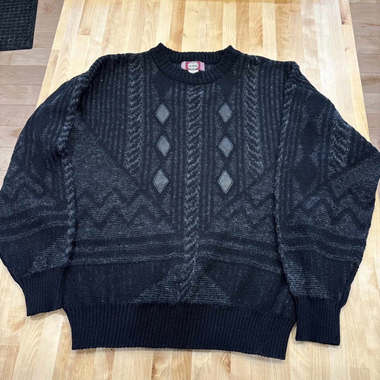 Vintage Chiamare Wool Knitted Crewneck Sweater Faux Leather DiamondPatches Sz L
