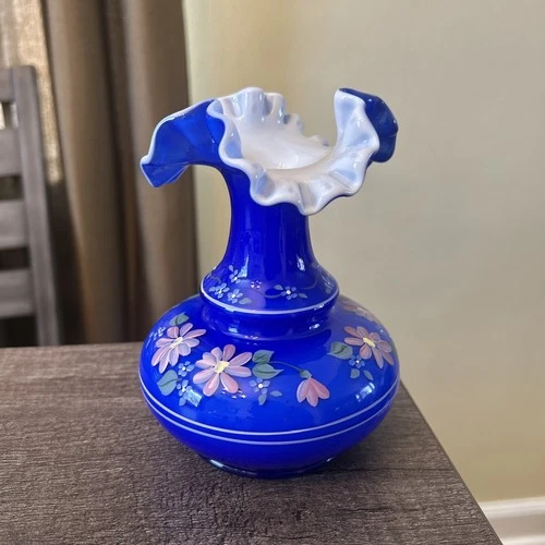 Fenton Glass Hand Painted Flowers On Cobalt Blue Overlay Vase Ruffled M. Wagner