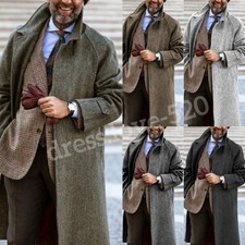 Herringbone Wool Men's Long Tweed Overcoat Single-Breasted Winter Business Coat