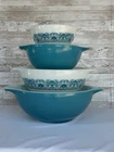 Vintage Pyrex Blue Horizon Cinderella Bowl Set 441-444 Nesting Apollo Era