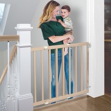 30 in. H x 28-42 in. W Wood Child Safety Gate Extra Wide Stairway Gate Indoor