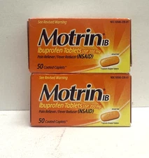 Motrin IB Ibuprofen Pain Reliever ,2 packs (50 Coated Caplets each) Exp:12/25