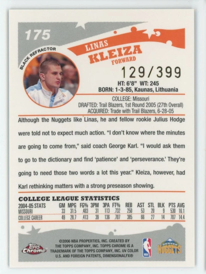 2005-06 Topps Chrome BLACK Refractor Linas Kleiza 129/399 Nuggets #175 A1 - Image 2 of 2