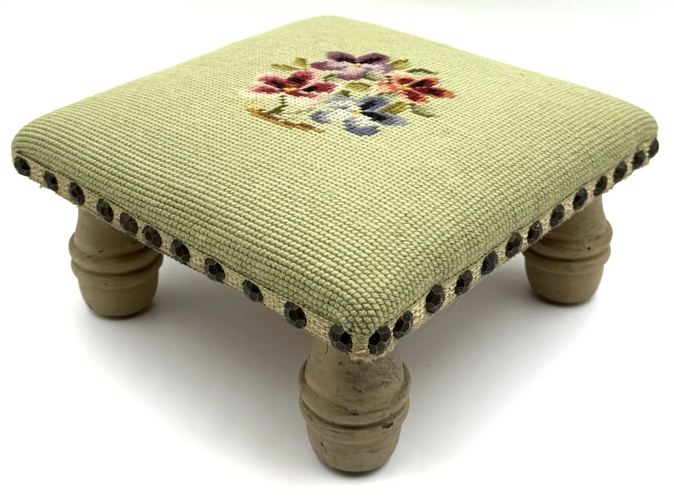 Vintage Needlepoint Floral Wood Footstool Ottoman 9”x9”x 4” - Image 4 of 4