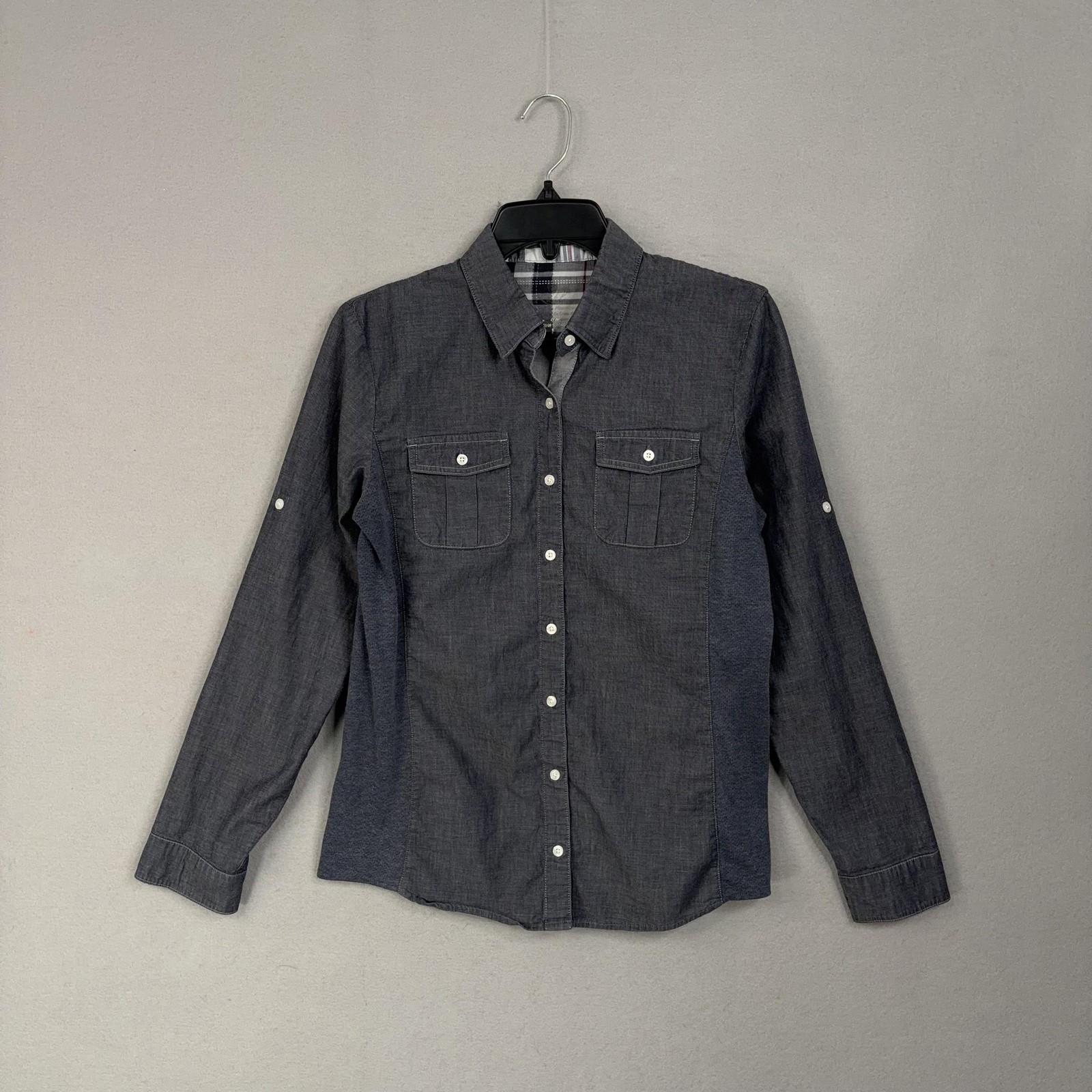 Kuhl Shirt Womens Medium Gray Chambray Outdoor Performance Gorp Active Utility