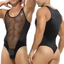 Men Sexy Ice Silky Mesh Thin Transparency Jumpsuit Fitness Sport Vest Bodysuit