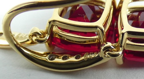 Solid 9ct Yellow Gold Set of Cushion Cut Ruby & Diamond Shepherd Hook Earrings - Picture 7 of 10