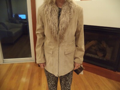 Terry Lewis Luxuries Tan Embroidered Fur Suede Jacket Coat Size LARGE MWT