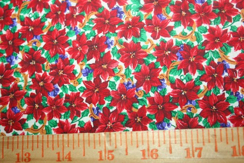 SMALL POINSETTIA AND PURPLE FLOWERS ON WHITE - 100% COTTON FABRIC - Picture 3 of 3