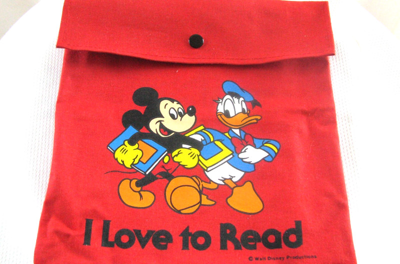 VTG DISNEY Mickey Mouse Donald Duck Backpack Book Bag "I Love to Read" Red 1980s
