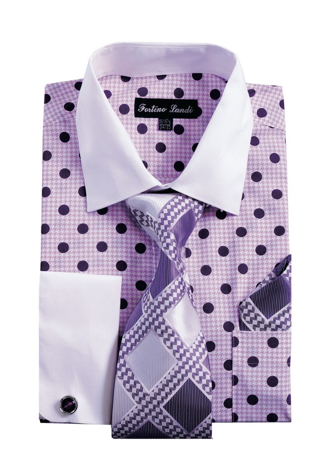 Fashionable Khaki Solid/Polka Dot Pattern With Tie & Hanky French Cuff Men's Dress Shirt