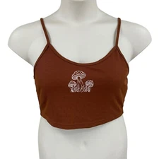 Shein Womens Ribbed Knit Crop Tank Top Brown Size Large Mushroom Print