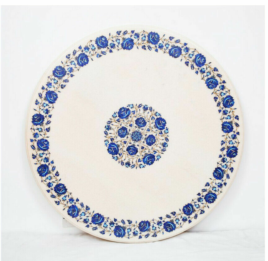 42-inch Handmade Marble Inlay Center Table with Semi-Precious Stone Design