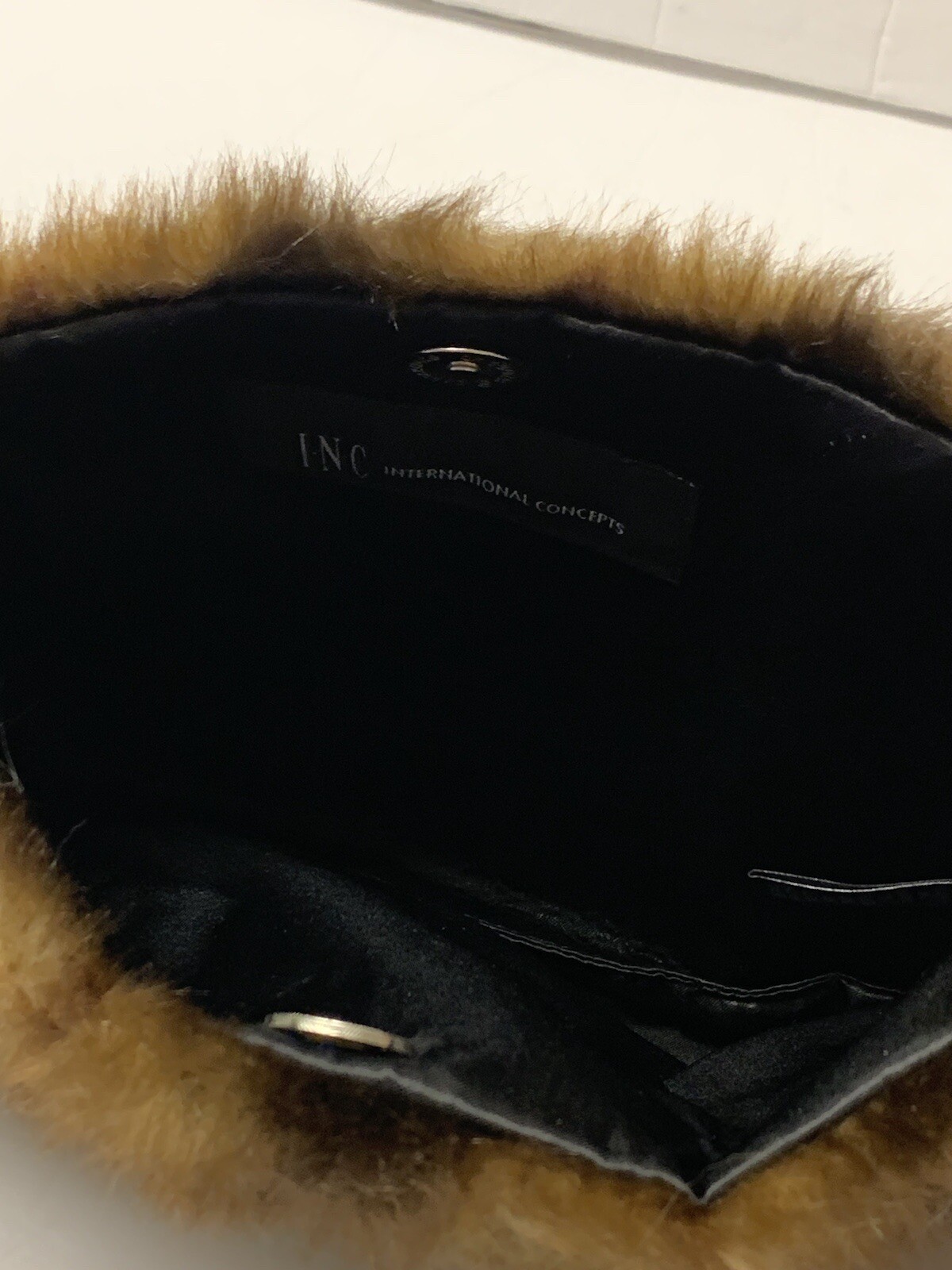 IC INTERNATIONAL CONCEPTS CLUTCH BROWN FAUX FUR LG BLACK SATIN BOW FRONT PURSE