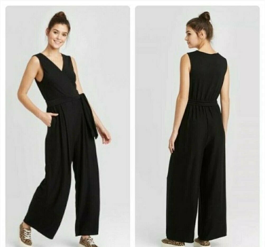 Women s Sleeveless V neck Wrap Knit Jumpsuit Xhilaration Black