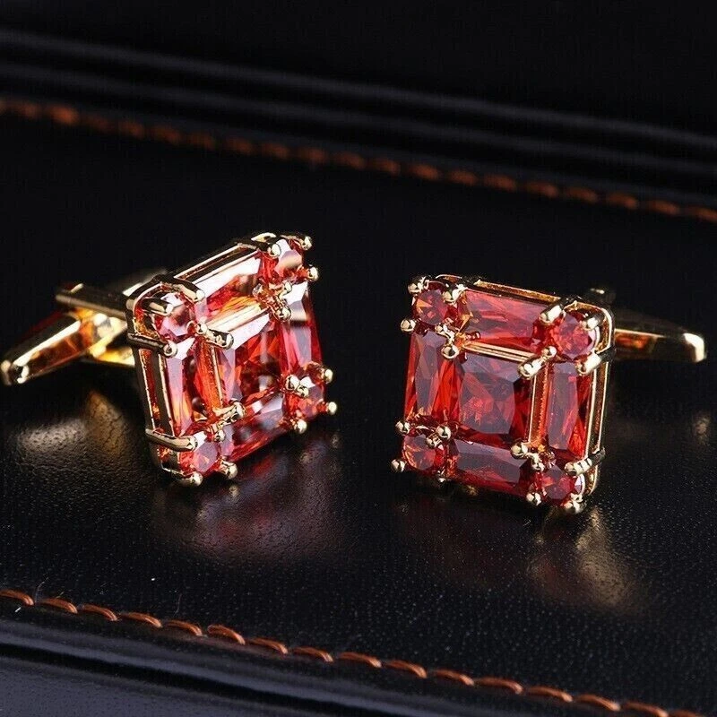 1.75Ct Lab-Created Red Ruby Men's Wedding Cufflink Pair in 14K Yellow Gold Over - Image 4 of 4