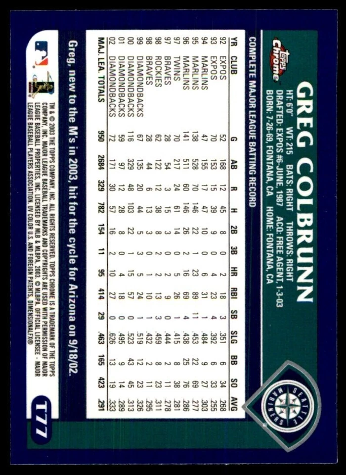 2003 Topps Chrome Greg Colbrunn Seattle Mariners #T77 - Image 2 of 2