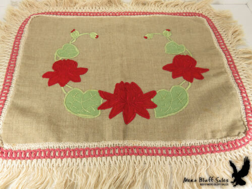 Red Flowers Green Heart Leaf Applique Fringed Couch Sofa Pillow Covering ANTIQUE - Foto 1 di 6
