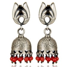 Red Coral 925 Sterling Silver Jhumka Stud Earrings Wedding Jewelry