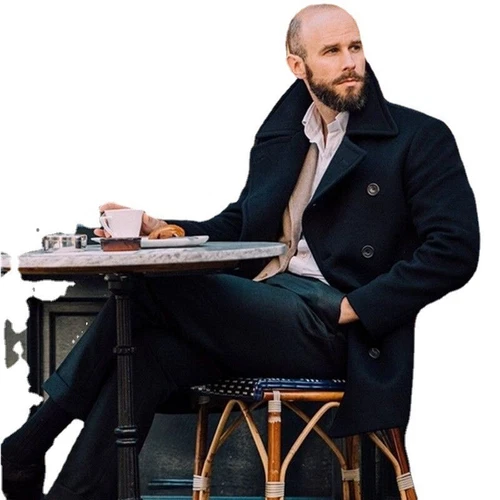 Mens Black Pea Coat 100% Wool Blend Double Breasted button Jacket Trench Coat - Picture 5 of 15