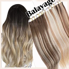 Highlight Weft Tape In Glue Remy 100% Human Hair Extensions FULL Thick Balayage