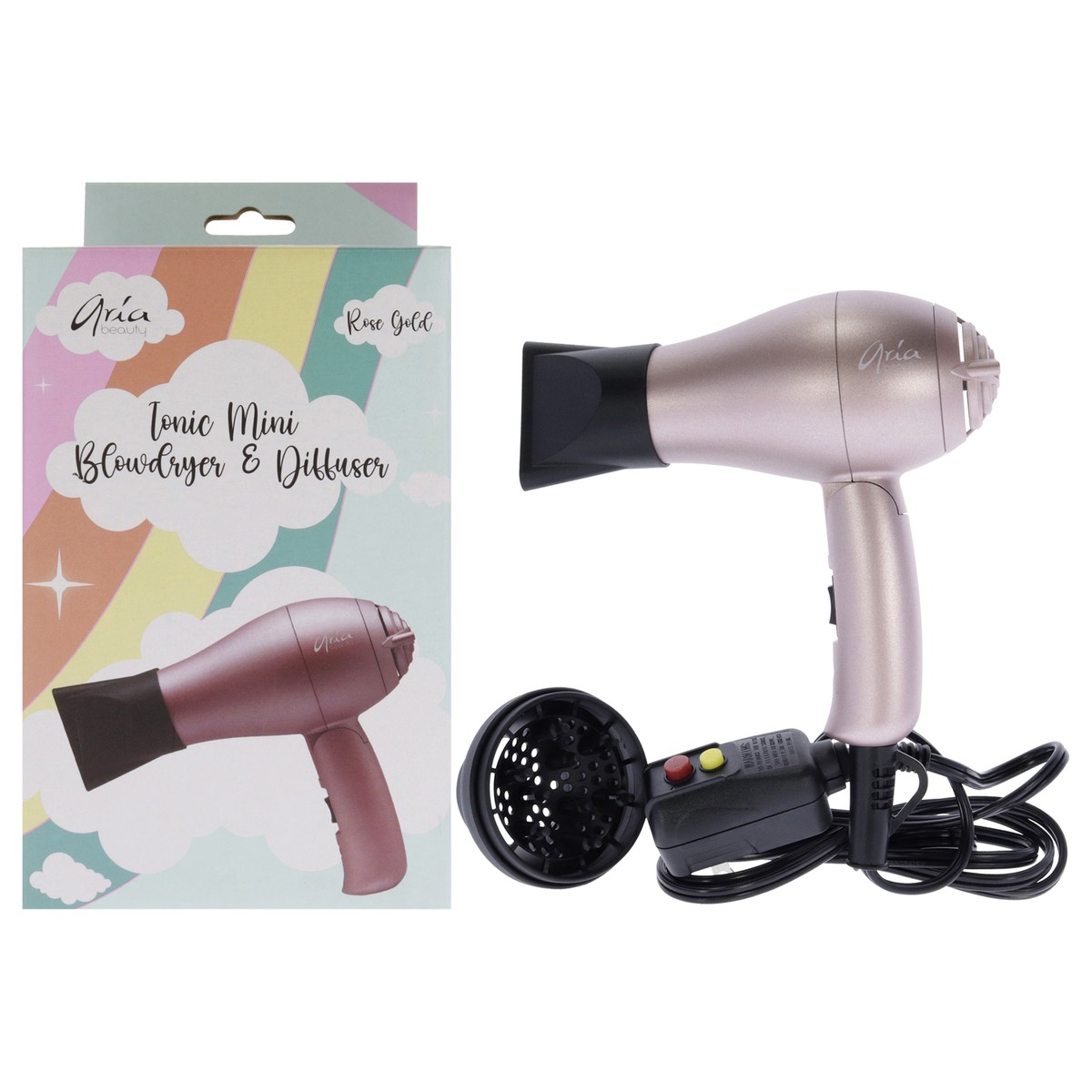 Aria Beauty Ionic Mini Blowdryer and Diffuser Rose Gold Pc