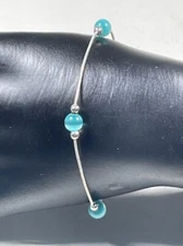FAS 925 STERLING SILVER AQUA BLUE CAT EYE BRACELET 7" BOHO CASUAL 3848